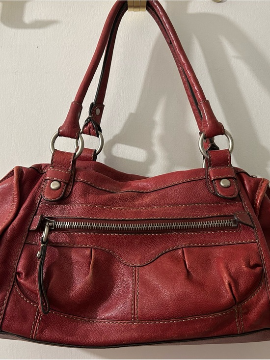 Fossil Handbags - Fossil Red Leather Shoulder Bag with Front Zip Pocket Fossil Red Pebbled Leather